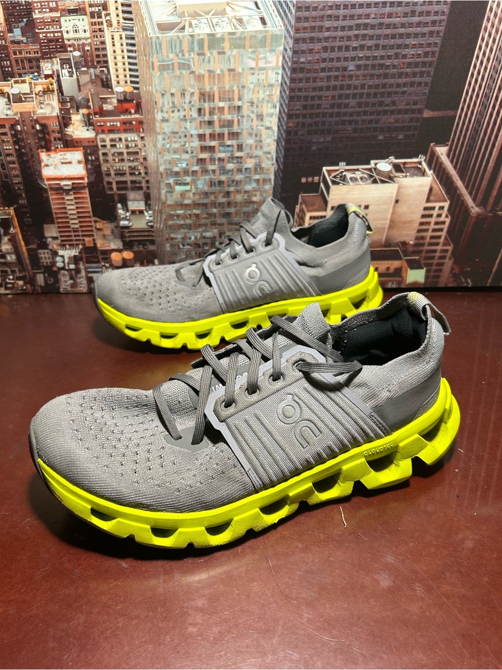 On Running Men's Grey Knit Running Shoes with Neon Yellow Sole
